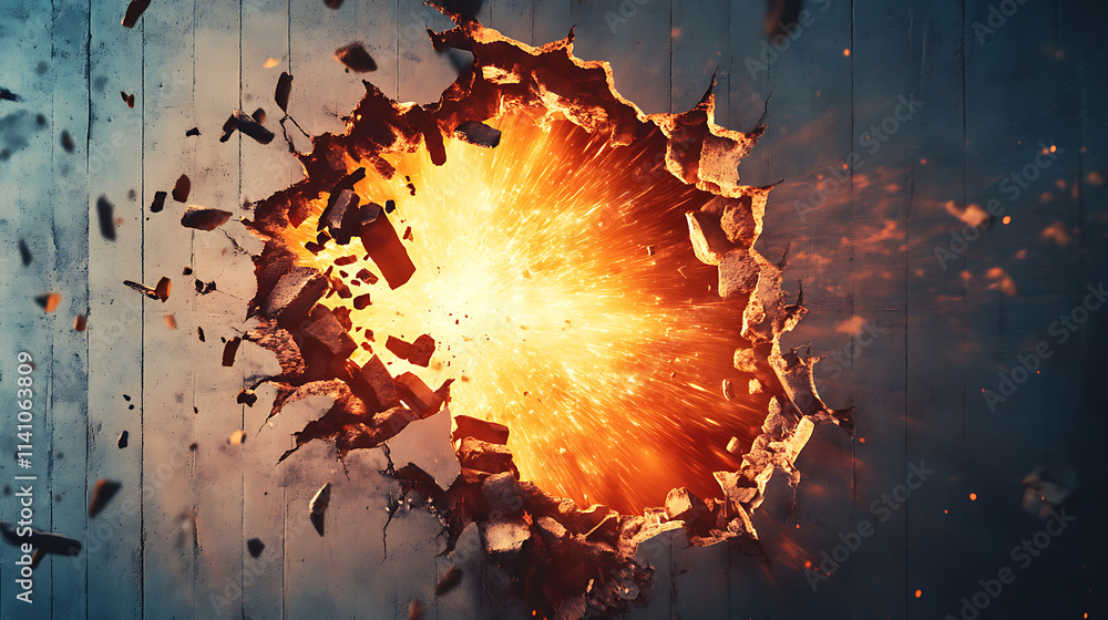 Poster a hole bursting through the design of a wall backdrop that explodes