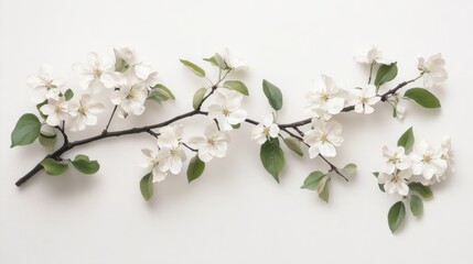 A close-up photograph of an apple blossom branch with white flowers and green leaves, set against a white background. The branch is in sharp focus, creating a striking contrast that highlights its del