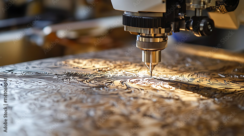 Poster a laser engraving machine creating intricate designs on a metal surface, the image highlights the pr
