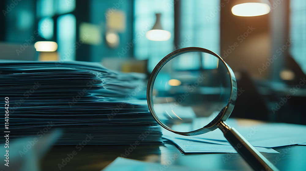 Poster a magnifying glass hovers over a large stack of papers in an office, symbolizing detailed examinatio