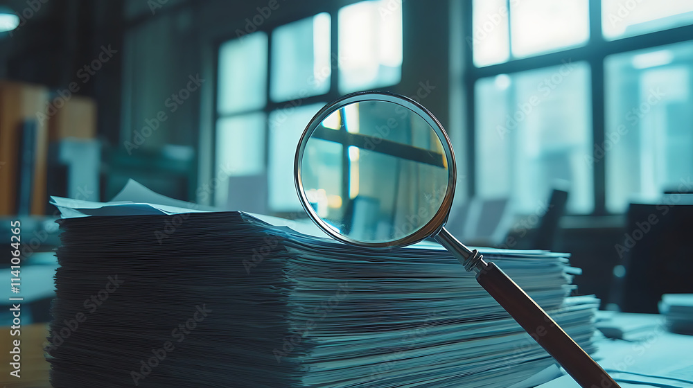 Poster a magnifying glass hovers over a large stack of papers in an office, symbolizing detailed examinatio