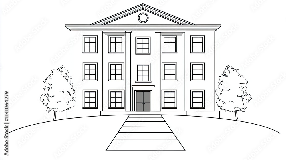 Poster a simple illustration of a classic building with columns and trees in front.