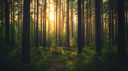 Obraz premium A lush forest with tall trees and diverse vegetation, representing the importance of preserving biodiversity in forest ecosystems, concept nature conservation, sustainability, green lifestyle, forest