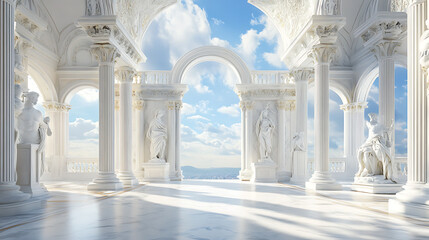 Naklejka premium A luxurious white baroque style interior with ornate columns, arches, and statues on a marble floor against a sunny sky backdrop