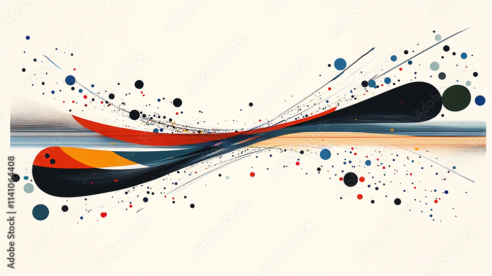 Poster A modern, abstract digital art piece featuring two curved lines with multiple color streaks and dots, representing the flow of big data