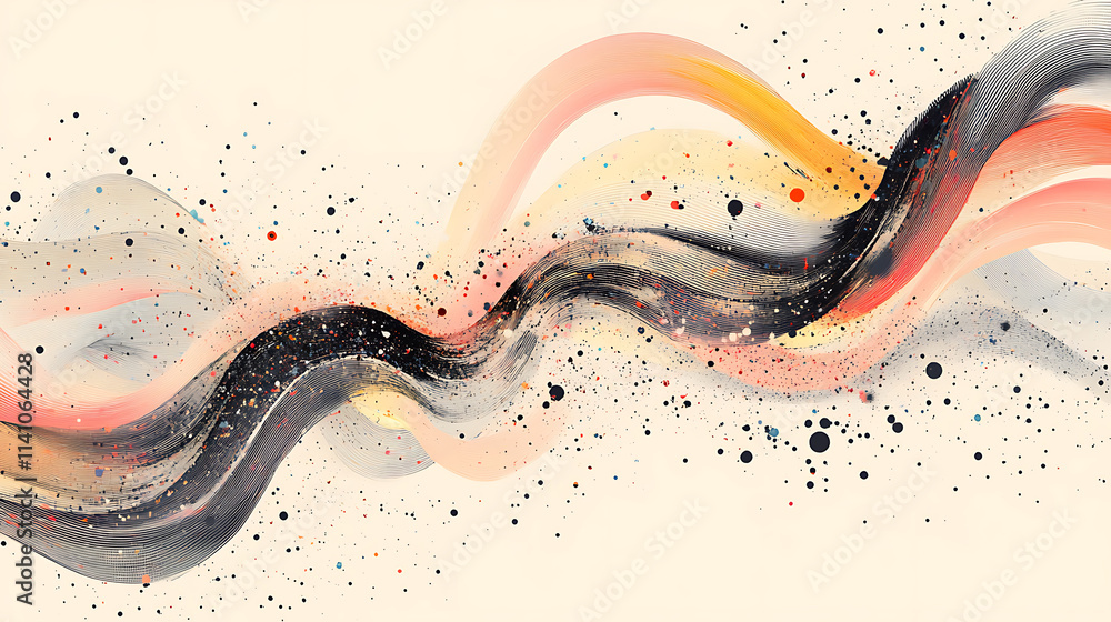 Aufkleber a modern, abstract digital art piece featuring two curved lines with multiple color streaks and dots