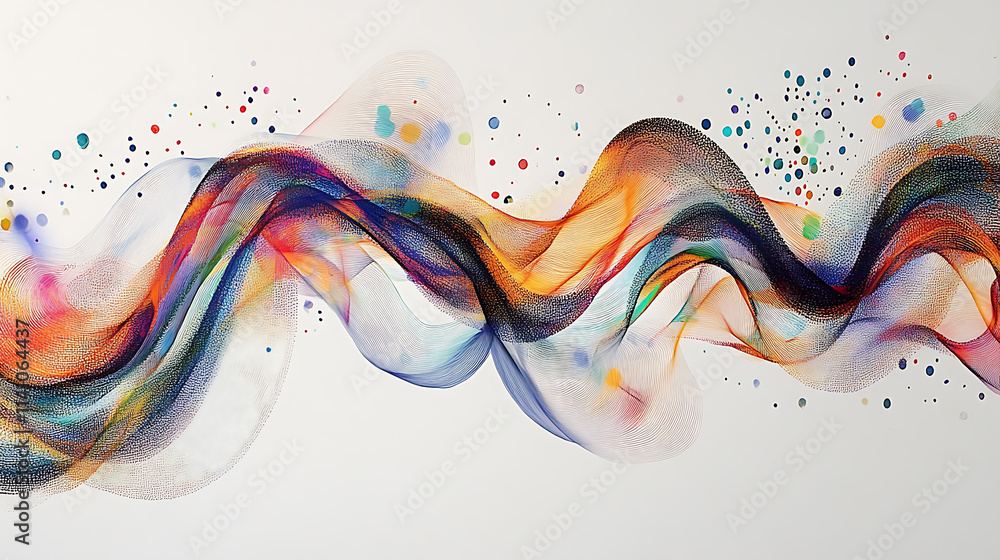 Poster A modern, abstract digital art piece featuring two curved lines with multiple color streaks and dots, representing the flow of big data