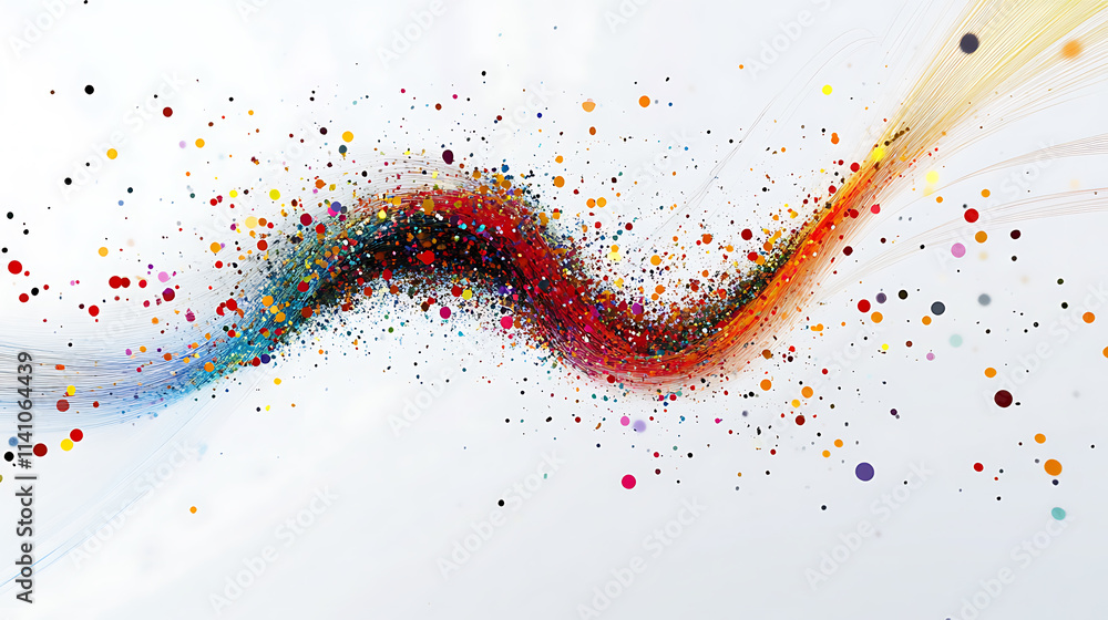 Poster a modern, abstract digital art piece featuring two curved lines with multiple color streaks and dots