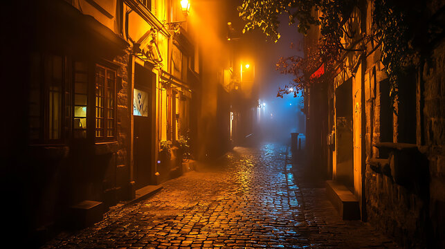 A misty urban alley at night, illuminated by street lights, showcasing a mysterious ambiance on a dark background