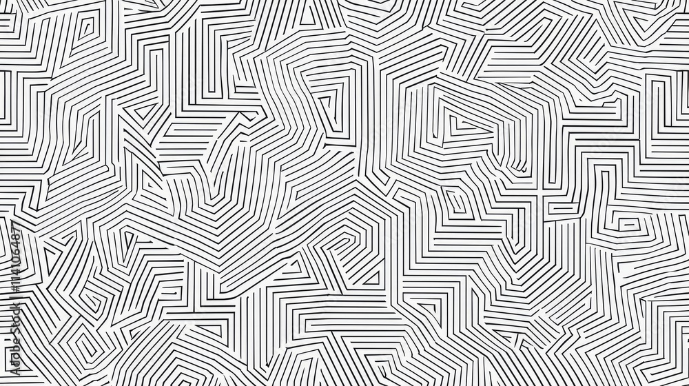 Poster a complex pattern of interwoven lines creating an abstract, monochromatic design.