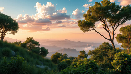 Sunset Over Lush Hillside Mountain Range View