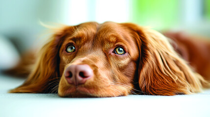 Close-up of a reddish-brown dog lying down.