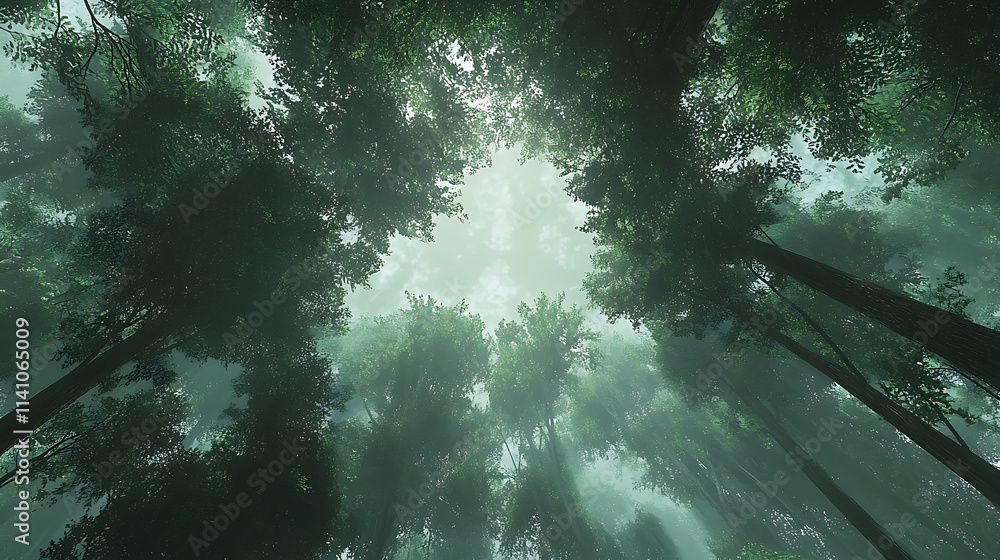 Wall mural A panoramic view of the canopy from below, showcasing tall trees with lush green leaves that form an expansive forest landscape