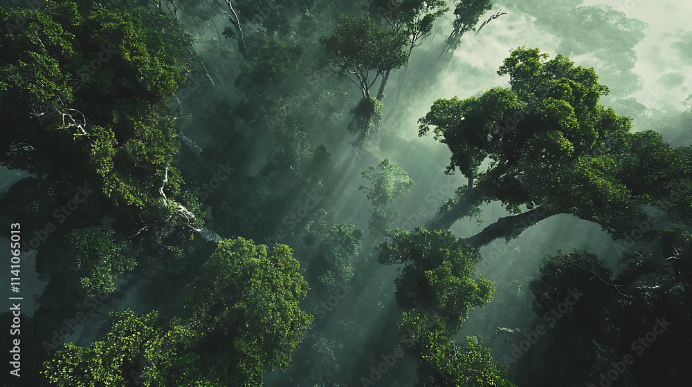 Poster a panoramic view of the canopy from below, showcasing tall trees with lush green leaves that form an