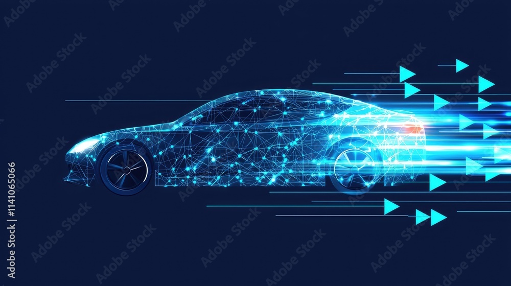 Poster a digital representation of a car in motion, showcasing speed and technology.