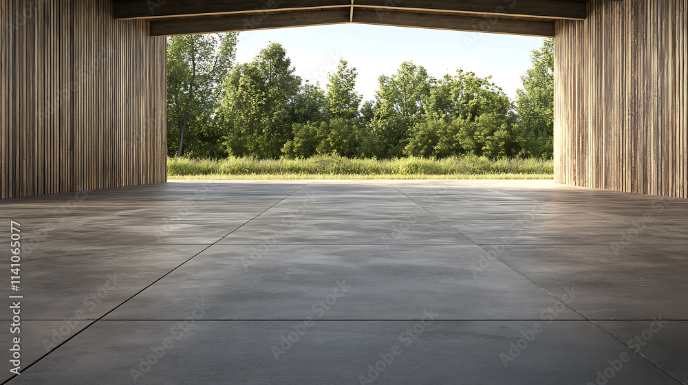 Poster a perspective view of a vacant concrete floor featuring a cement structure and an external wooden wa
