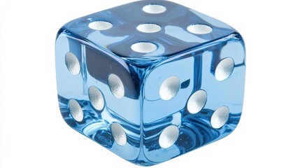 A blue transparent die with white dots, commonly used in games for random number generation.
