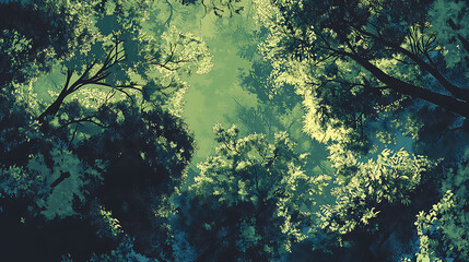 Fototapeta premium A panoramic view of the canopy from below, showcasing tall trees with lush green leaves that form an expansive forest landscape