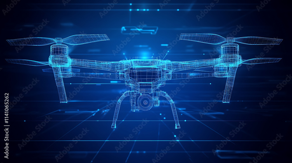 Poster A quadcopter or drone line blueprint wireframe
