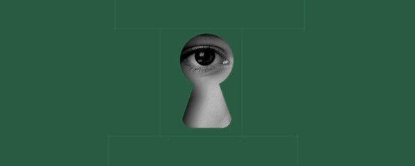Female eye into keyhole on background. hidden truths.