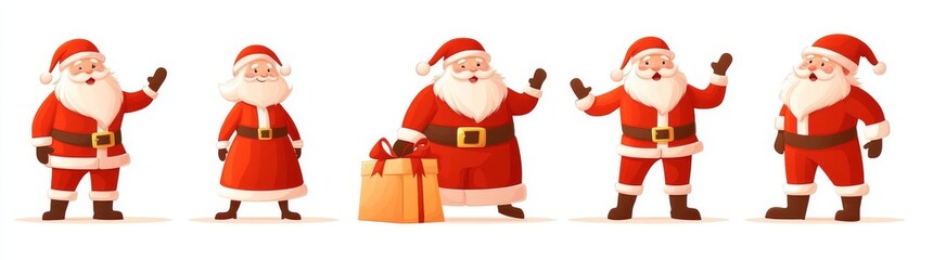 A set of festive cartoon Christmas scenes with a jovial Santa Claus waving, holding a gift and a bag of presents, presented on a white background.