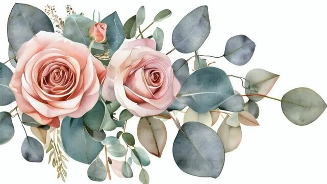 Delicate blush pink roses and eucalyptus leaves watercolor painting, isolated on white background.
