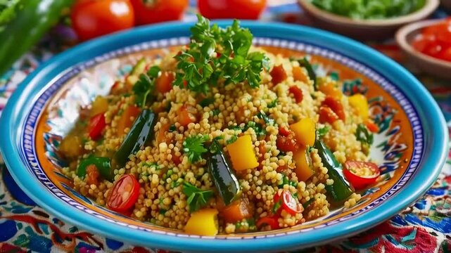 Colorful couscous salad with vegetables in a decorative bowl.