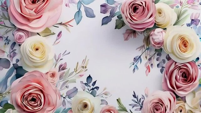 Delicate pastel roses and leaves border frame on white background.