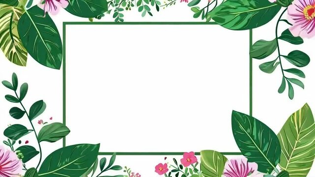 Floral frame with pink flowers and green leaves on white background.