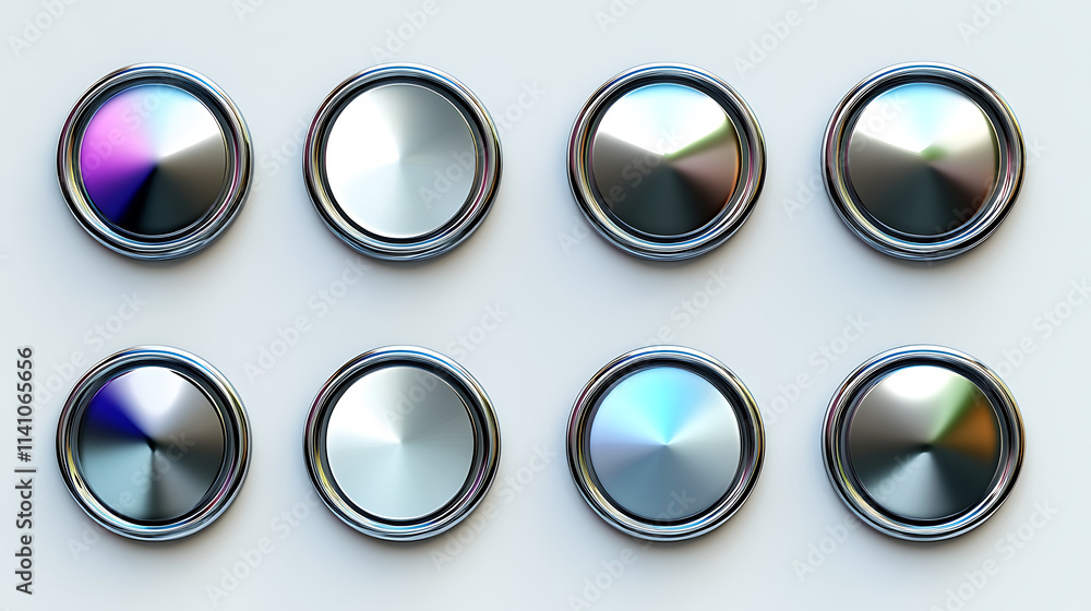 Aufkleber a set of metal chrome circle buttons is presented white background