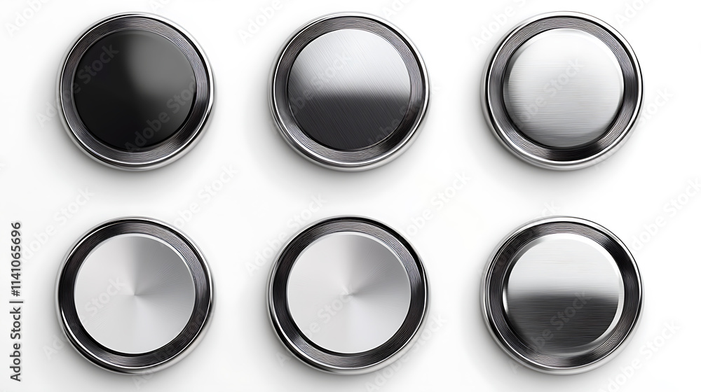 Aufkleber a set of metal chrome circle buttons is presented white background