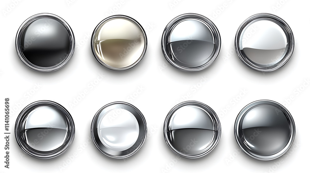 Aufkleber a set of metal chrome circle buttons is presented white background
