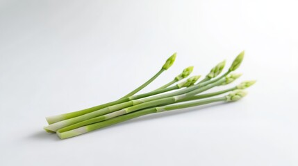 Green asparagus on a white background, high-resolution photography, professional photograph, sharp focus, no blur effect, no bokeh, no depth of field, isolated object, isolated element, isolated image
