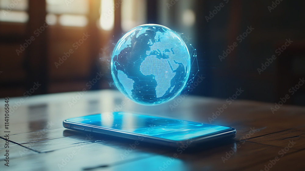 Aufkleber a smartphone with an interactive holographic globe floating above it, representing global connectivi
