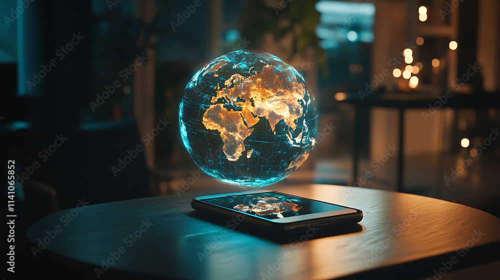Leinwandbilder a smartphone with an interactive holographic globe floating above it, representing global connectivi