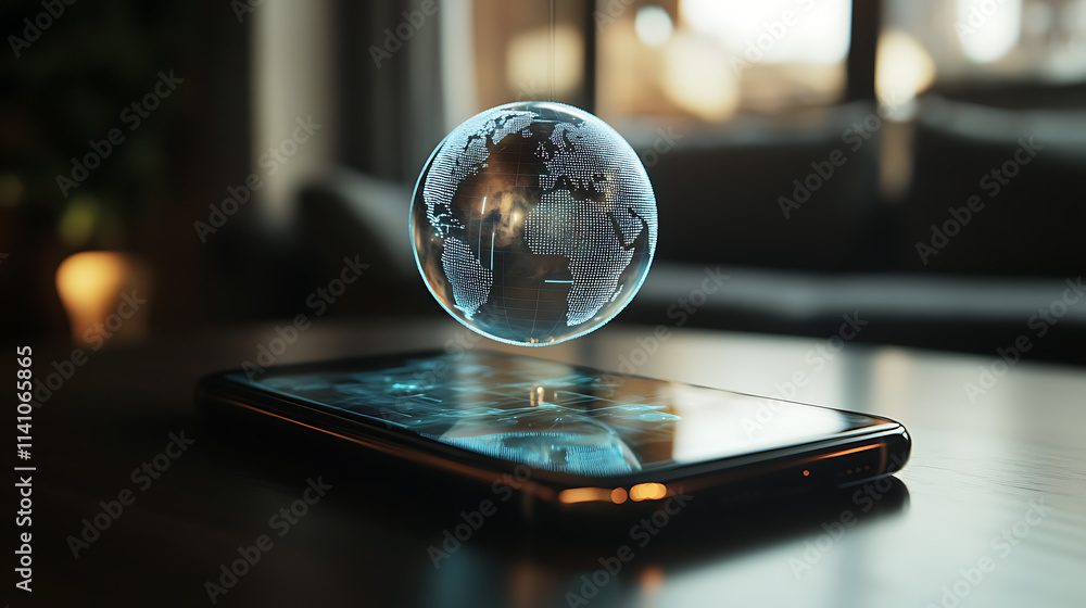 Poster a smartphone with an interactive holographic globe floating above it, representing global connectivi