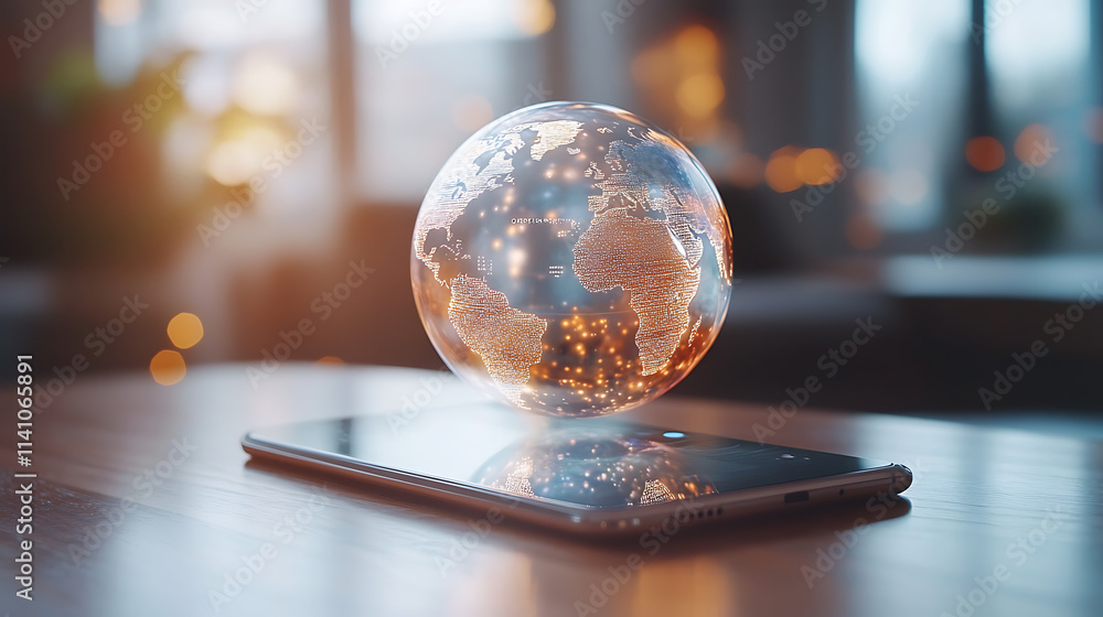 Leinwandbilder a smartphone with an interactive holographic globe floating above it, representing global connectivi