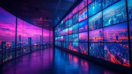 Security operations center monitors extensive urban surveillance during twilight hours