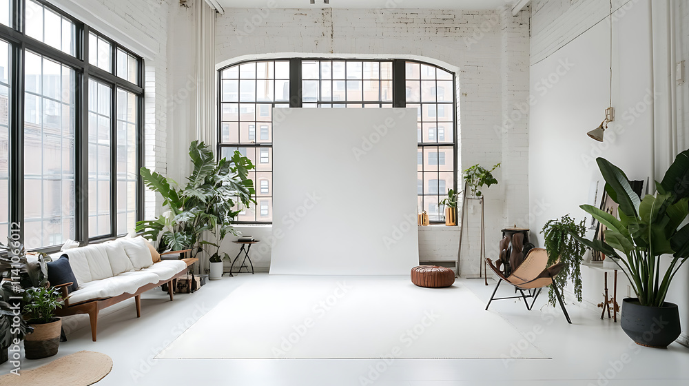Poster a spacious loft with a large window, white walls, and a blank canvas for presenting designs