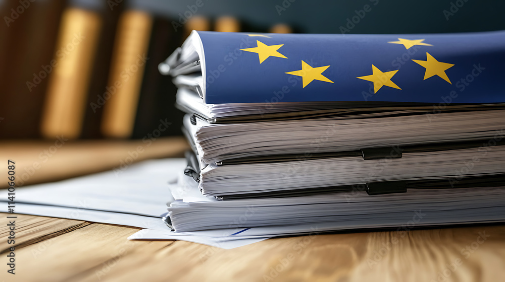 Poster a stack of documentation on a wooden table with written ai regulation, highlighting eu laws and poli