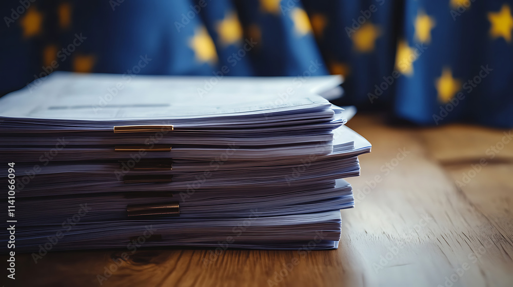 Poster A stack of documentation on a wooden table with written ai regulation, highlighting eu laws and policies aimed at ensuring ai safety and ethical standards in technology development
