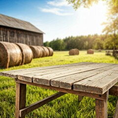 Wooden table with a farm background