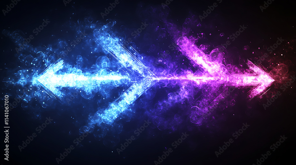 Poster abstract arrow shapes with light effects in the styles of blue and purple colors on a dark backgroun