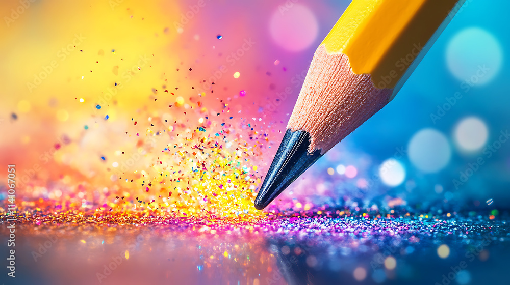 Poster abstract art concept: vibrant colors and glitters exploding from a colored pencil, representing crea