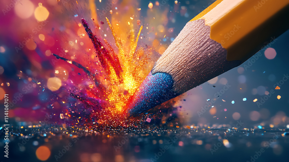 Poster abstract art concept: vibrant colors and glitters exploding from a colored pencil, representing crea