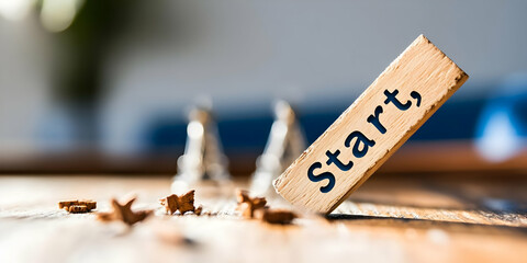 Wooden block with "Start" leaning on a table with blurred chess pieces in background.