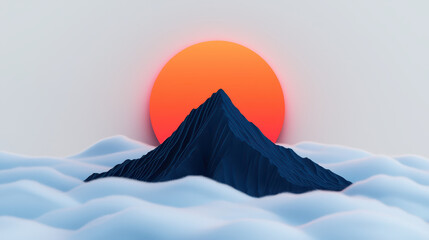 serene mountain peak rises above soft clouds, illuminated by vibrant sunset. warm colors create tranquil atmosphere