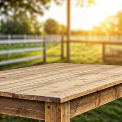 Fototapeta premium Wooden table with a farm background