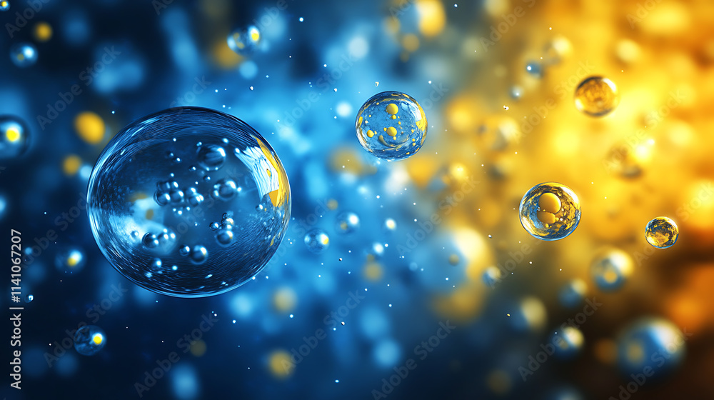 Poster abstract background with 3d spheres floating in front of a blue and yellow background