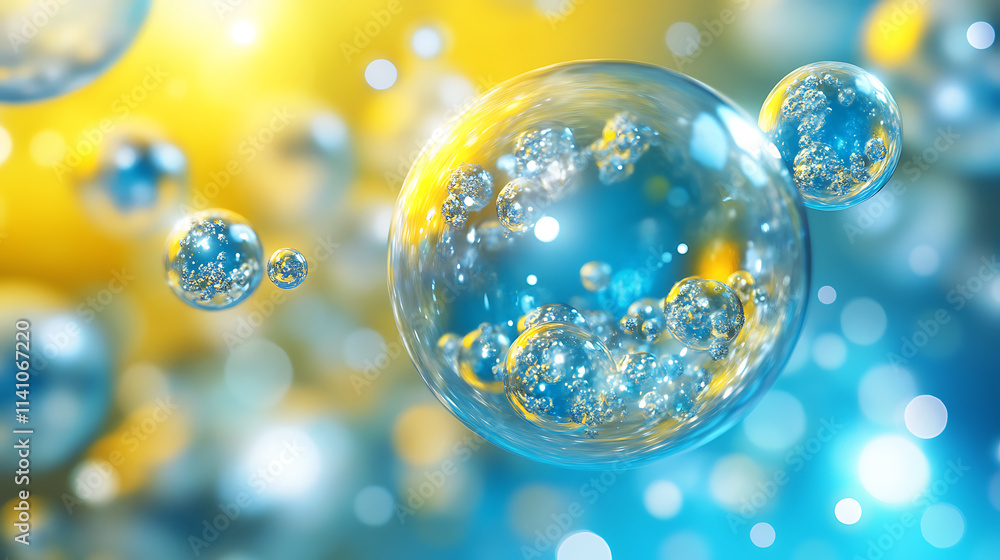Fototapete abstract background with 3d spheres floating in front of a blue and yellow background